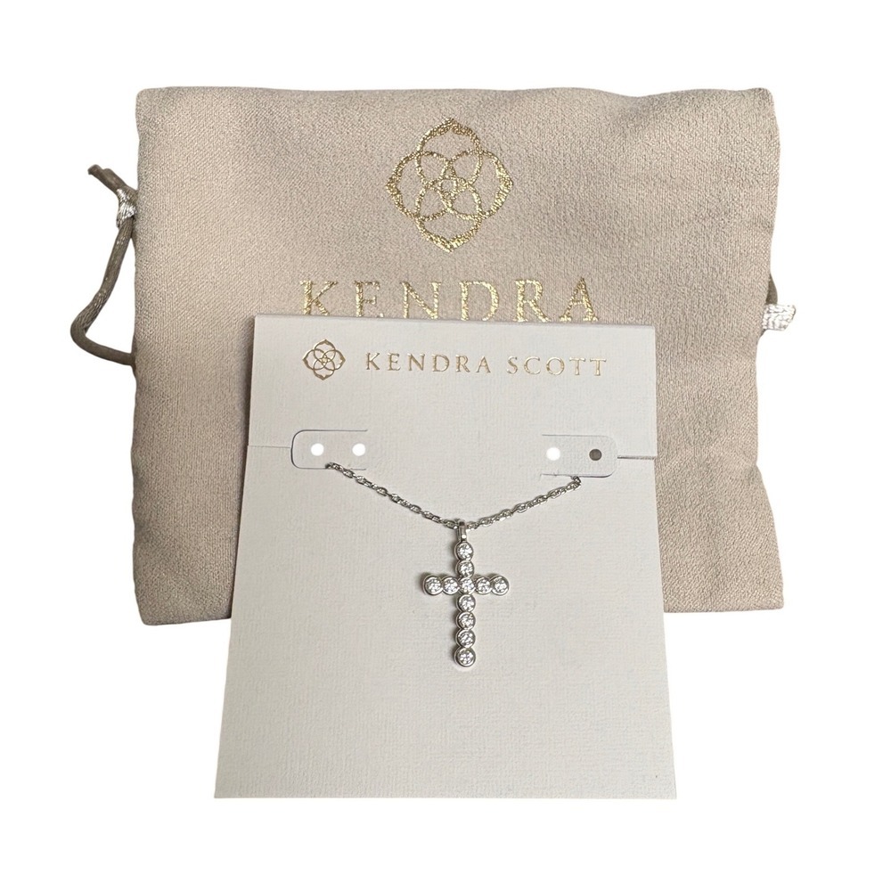 Kendra Scott Cross Pendant Necklace Rhodium White Crystal Silver Tone New